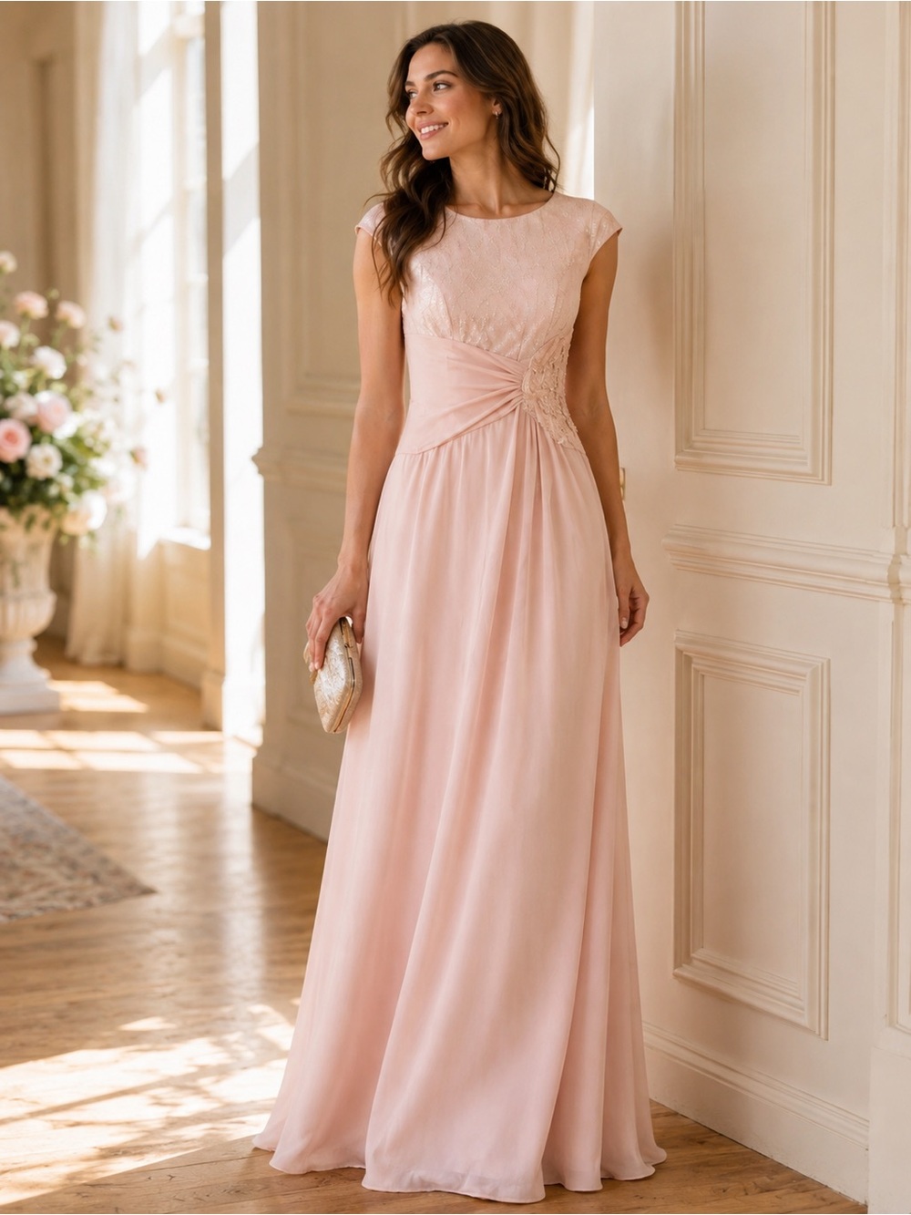 Signature by Sangria Blush Pink Formal Maxi Dress Beaded Bodice Size 4